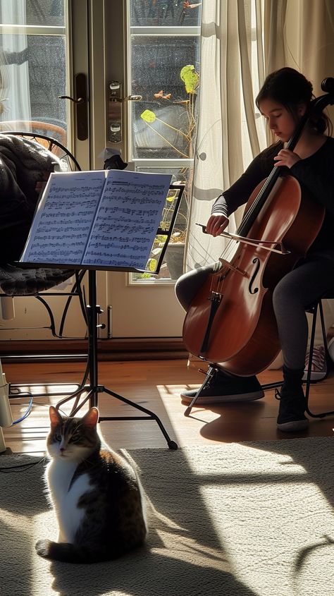 Cello Serenade Moment: An aspiring cellist practices diligently in a sunlit room while a captivated cat listens attentively. #music #cello #cat #practice #performance #aiart #aiphoto #stockcake ⬇️ Download and 📝 Prompt 👉 https://stockcake.com/i/cello-serenade-moment_326071_671217 New Hobbies Aesthetic, Symphony Photography, Cellist Aesthetic, Cello Aesthetic, Cello Instrument, Cello Playing, Geneva Lee, Cello Photo, Sunlit Room