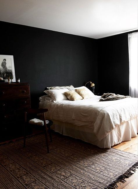 Moody Cool: A Gallery of Dark Bedrooms | Apartment Therapy Black Walls Bedroom, Moody Bedroom, Black Bedroom Furniture, Dark Bedroom, Black Bedroom, Dark Walls, Bedroom Black, Trendy Bedroom, Black Furniture