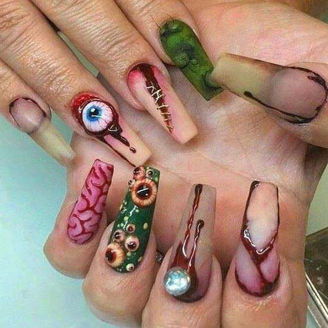 Alt Nails, Nails July, Zombie Nails, Theme Nails, Horror Nails, Skull Nails, Halloween Acrylic Nails, Cute Halloween Nails, Gothic Nails