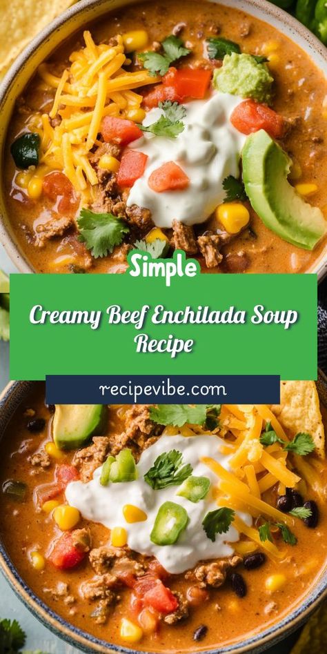 Want a quick and creamy soup that warms the soul? Our Creamy Beef Enchilada Soup Recipe features tender ground beef and a kick of spice, making it a family favorite. Be sure to save this delightful recipe for your go-to list of ground beef dishes! Beef Broth Dinner Recipes, Ground Beef And Pork Soup, Cheesy Beef Enchilada Soup, Cheesy Beef Taco Soup, Soup With Burger Meat, Creamy Beef Enchilada Soup, Instapot Ground Beef Soup Recipes, Ground Chuck Soup Recipes, Soup With Ground Beef Instant Pot