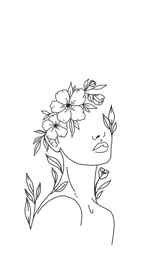 Face Flowers Drawing, Face With Flowers Drawing, Art Line Tattoo, Line Art Self Love, Business Tattoo, Ad Tattoo, Fine Line Drawing, Simple Line Art, Line Art Flowers