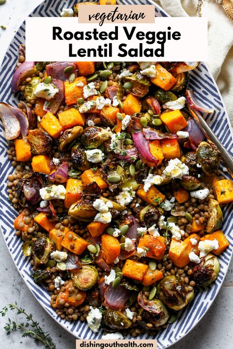 Roasted Veggie Lentil Salad - Dishing Out Health Lentil Salad With Roasted Vegetables, Green Lentil Recipes, Entree Salads, Friendsgiving Recipes, Dishing Out Health, Vegetarian Roast, Lentil Salad Recipes, Vegetarian Mains, Savory Sides