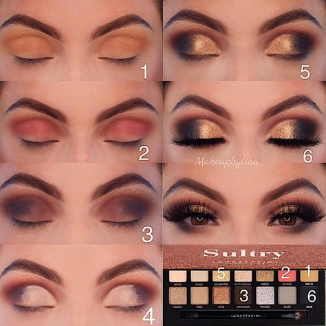 Eyeshadows Ideas, Smokey Eye Makeup Steps, Gold Eye Makeup Tutorial, Easy Eye Makeup Tutorial, Step Ideas, Eyeshadow Tutorial For Beginners, Sultry Makeup, Make Up Gold, Drag Make-up