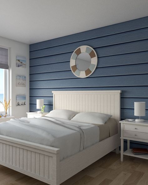 Coastal Bedroom Blue And White, Coastal Bedrooms Blue And White, Beach House Headboard Ideas, Tiny Coastal Bedroom, Beach Blue Bedroom, Coastal Master Bed Bedroom, Blue And Wood Bedroom, Blue Small Bedroom, Coastal Master Bedrooms Decor