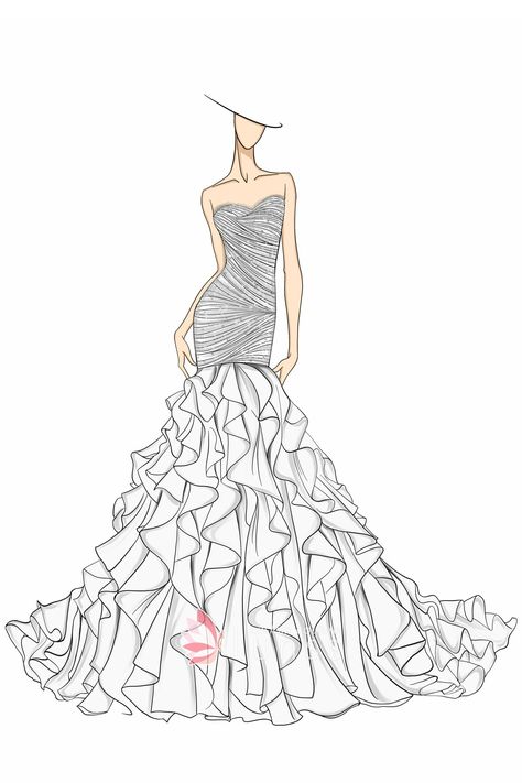 Prom Dress Sketch, Ruffles Drawing, Dress Sketch, Rouched Dress, Body Hugging Dress, Dress Illustration, Cocktail Wear, Fashion Illustration Sketches Dresses, Mermaid Prom Dress