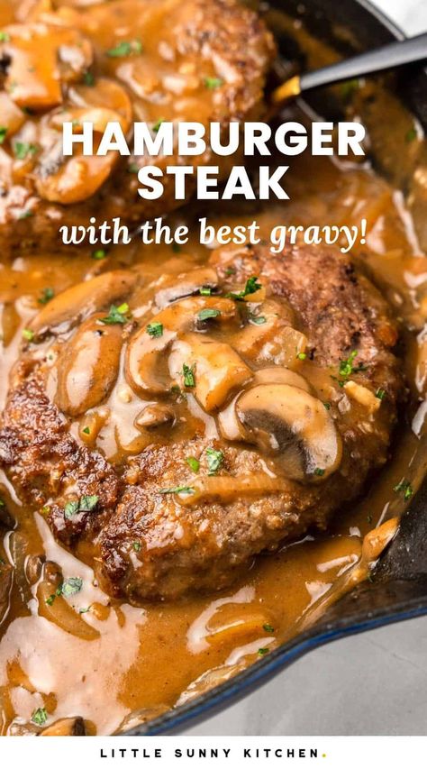 Mushroom Brown Gravy, Easy Hamburger Steak, Ground Beef Patties, Hamburger Steak Recipes, Hamburger Steak And Gravy, Homemade Salisbury Steak, Hamburger Steaks, Dinner Sandwich, Hamburger Dishes