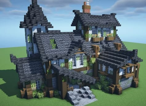 Cobbled Deep Slate House Minecraft, Stucco And Brick House, Deep Slate House Minecraft, Minecraft Dark House, Minecraft Gothic House, Cottage Minecraft, Minecraft Kingdom, Minecraft Mansion, Minecraft Interior Design