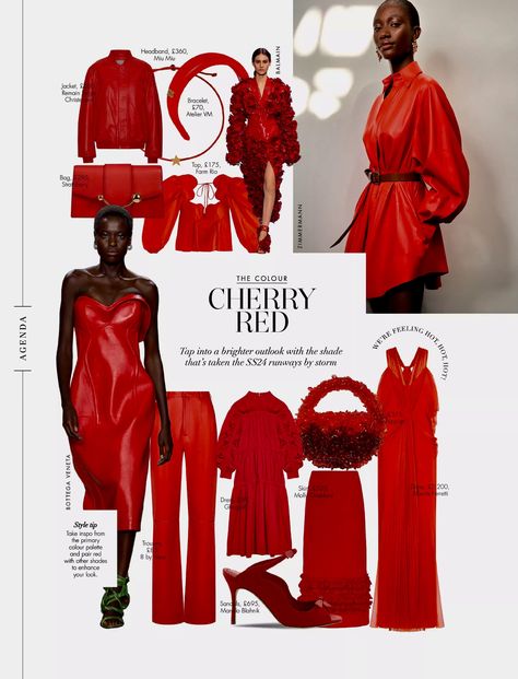 Trend Boards Fashion, Trend Report Layout Fashion, Trend Report Layout, Outfit Template, Red Runway, Fashion Bazaar, Tomato Color, Fashion Magazine Design, Fashion Magazine Layout