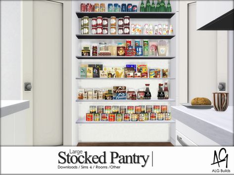 Sims 4 — Large Stocked Pantry (Room) by ALGbuilds — A fully stocked pantry that you can add to your new builds for your Stocked Pantry, House Pantry, Pantry Decor, Sims 4 Kitchen, Kitchen Objects, Sims 4 Tsr, Pantry Room, Mod Furniture, Sims 4 Clutter