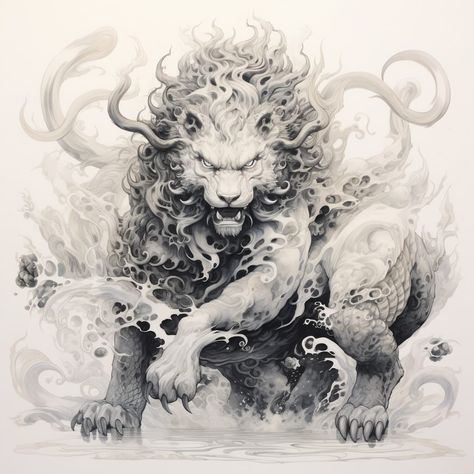 Lion Back Piece Tattoo, Chinese Lion Tattoo Design, Dragon Lion Tattoo, Nio Guardian Tattoo, Foo Dog Tattoo Design Back, Vietnamese Lion Tattoo, Asian Lion Tattoo, Chinese Lion Art, Foo Dog Back Tattoo