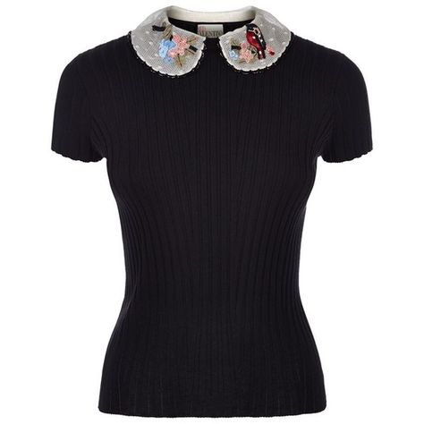 Red Valentino Embroidered Collar Ribbed Knit Top ($360) ❤ liked on Polyvore featuring tops, shirts, blouses, peter pan collar shirts, red short sleeve shirt, holiday tops, short-sleeve shirt and beaded evening tops Peter Pan Collar Sweater, Cl Fashion, Beaded Sweater, Embroidered Collars, Evening Tops, Holiday Tops, Ribbed Knit Top, Embroidered Sweater, Ribbed Knit Sweater