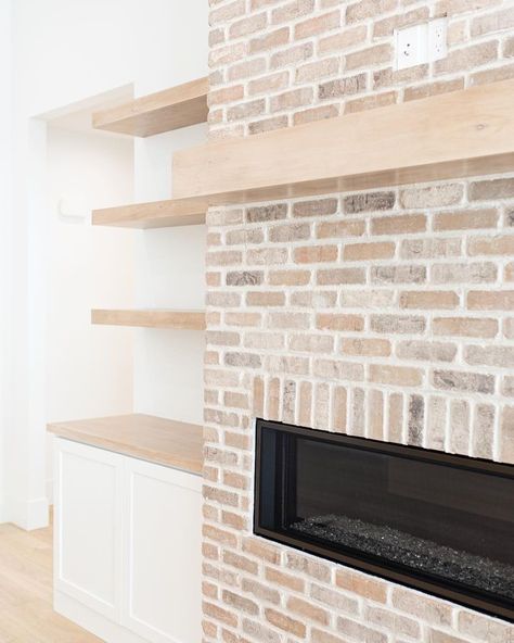 brick fireplace • Instagram Brick Fireplace Modern, White Washed Brick Fireplace, Living Room Fire Place, White Wash Brick Fireplace, Whitewash Brick, White Wash Brick, Linear Fireplace, Brown Brick, Ideal World