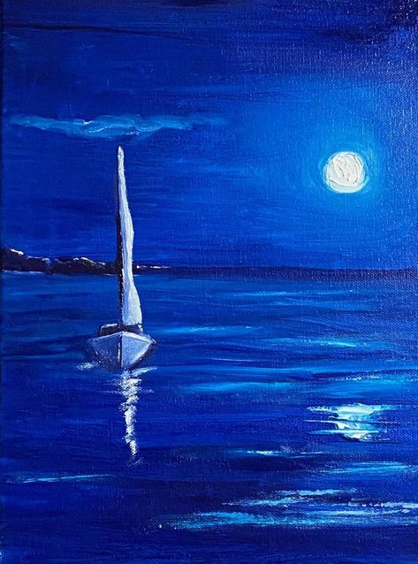 Original Art Oil Painting, measuring: 22.86W x 30.48H x 1.91D cm, by: Bill Scherbak (United States). Styles: Expressionism. Subject: Sailboat. Keywords: Night Sky, Sailboat, Seascape, Water, Sailing. This Oil Painting is one of a kind and once sold will no longer be available to purchase. Buy art at Saatchi Art. Paintings Of Sailboats, How To Paint Sailboats, Sail Boats Painting, Sail Boat Painting, Sailboat Artwork, Sailing Painting, Painting Moon, Boat Paint, Ocean At Night