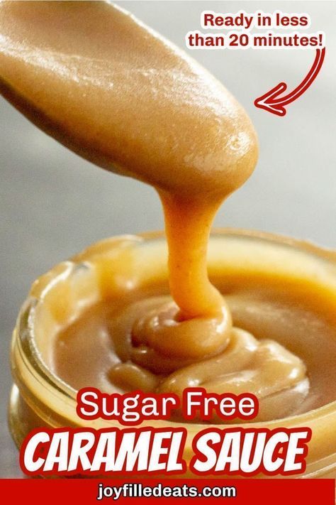 This rich and creamy sugar-free caramel sauce is good on just about anything! This salted caramel sauce is ready in less than 20 minutes for your spoon-licking pleasure. This easy keto caramel recipe from Joy Filled Eats is low-carb, gluten-free, keto, grain-free, and Trim Healthy Mama friendly. Try this deliciously sweet recipe today! Sugar Free Caramel Sauce, Keto Caramel Sauce, Sugar Free Caramel, Keto Caramel, Sugar Free Desserts Easy, Sugar Free Frosting, Caramel Recipe, Sugar Free Baking, Sugar Free Recipes Desserts