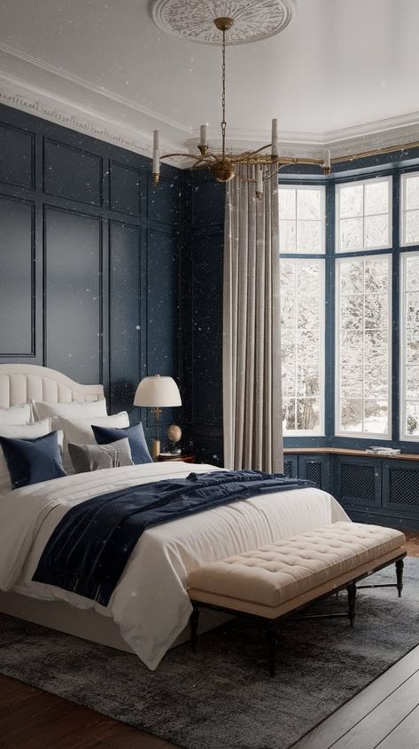 40+ Blue Cozy Bedroom Ideas you will Love Bedroom With Dark Blue Walls, Blue Cozy Bedroom, Cozy Bedroom Blue, Blue Accent Wall Bedroom, Cozy Blue Bedroom, Navy Blue Bedroom Walls, Cool Loft Beds, Bunk Bed Accessories, Bunk Bed Safety