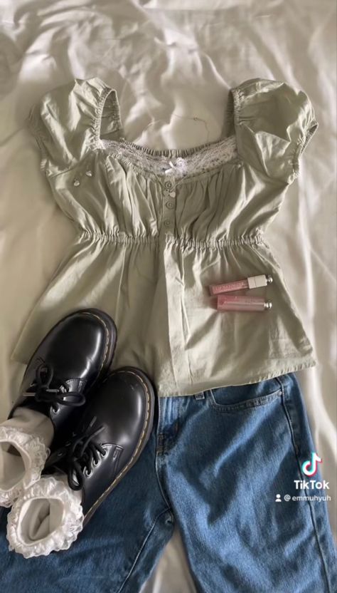 Coquette Low Rise Jeans, Theater Outfits Aesthetic, Low Rise Dr Martens, Low Rise Flare Jeans Outfit Aesthetic, Babydoll Top Outfit Aesthetic, Lace Flare Jeans, Coquette Outfits With Jeans, Coquette Jeans Outfit, Low Dr Martens Outfit