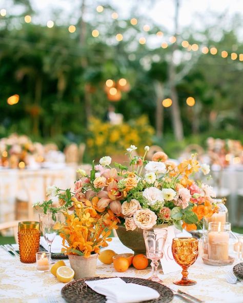 Lanai Event Venues | Four Seasons Resort Lanai 2024 Planning, Citrus Wedding, Orange Wedding Flowers, Event Centerpiece, Winter Wedding Flowers, Arrangement Ideas, Wedding Place Settings, Floral Tablecloth, Flower Crown Wedding