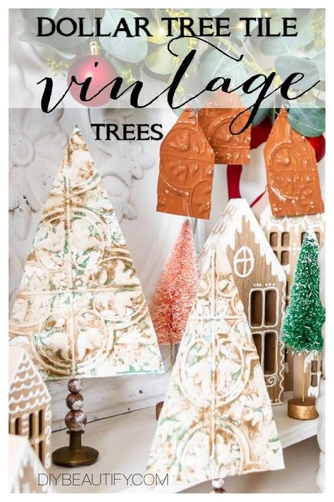 Layered paint gives a vintage distressed look to simple trees created from a dollar store embossed tile. #dollartree #Christmascraft #diytree #vintagestyle Dollar Tree Tin Tile, Diy Santa Ornaments, Glass Ornaments Diy, Tile Ornaments, Embossed Tile, Craft Class Ideas, Diy Paper Christmas Tree, Mantle Christmas, Orange Ornaments