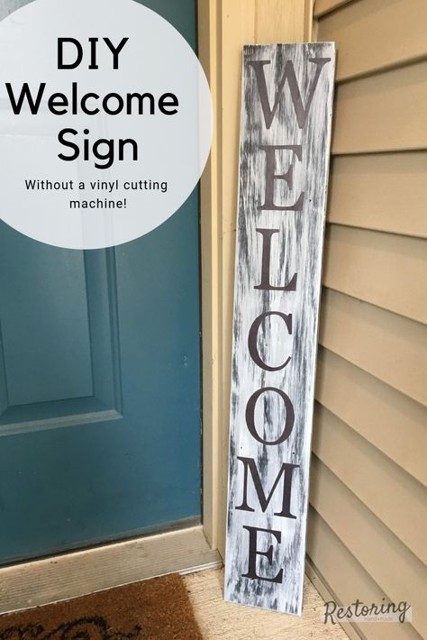 Check out this tutorial for how to make this DIY white washed welcome sign. You can even make it without a vinyl cutter! Diy Welcome Sign, Welcome Signs Front Door, Wooden Signs Diy, Door Signs Diy, Wooden Welcome Signs, Front Porch Signs, Porch Welcome Sign, Diy Wood Signs, Diy Pallet Projects