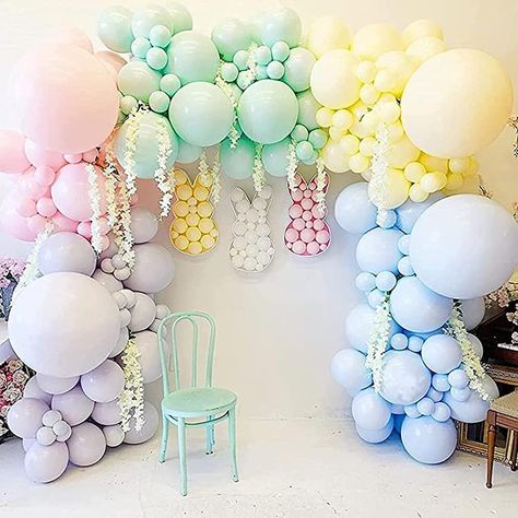 Pastel Balloon Garland, Colorful Macarons, Rainbow Party Decorations, 1st Birthday Party Decorations, Birthday Decorations Kids, Kids Wedding, Pastel Balloons, 1st Birthday Decorations, Garland Arch