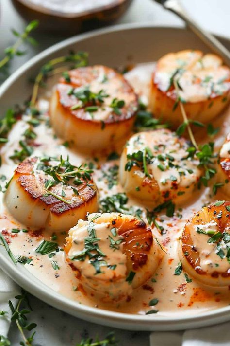 Close-up of tender scallops drizzled with a velvety vodka cream sauce, highlighting the dish's elegant presentation and gourmet ingredients. Vodka Cream Sauce, Shrimp And Scallop Recipes, Seafood Delight, How To Cook Scallops, Cream Sauce Recipe, Seafood Dish Recipes, Fish Dinner Recipes, Seafood Entrees, Cream Sauce Recipes