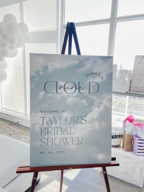 Cloud Bridal Shower Ideas, On Cloud Nine Bridal Shower Theme Decor, Cloud 9 Engagement, Esthetics Studio, On Cloud 9 Bridal Shower, Blue Bridal Shower Decorations, Cloud Baby Shower Theme, Engagement Party Themes, Cloud Theme