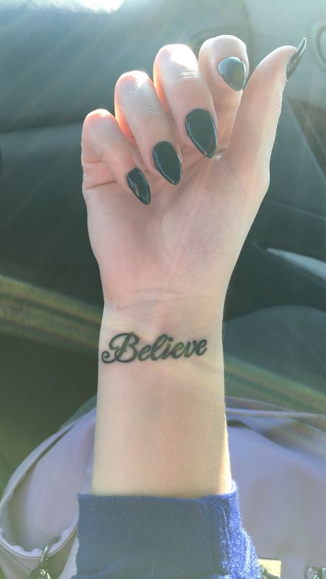 Believe Wrist Tattoo, Running Thoughts, Running Tattoos, Believe Tattoo, Font Tato, Quote Tattoos Placement, Tattoo On Wrist, Believe Tattoos, Cool Wrist Tattoos