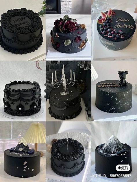 Black Korean Cake, Dark Cake Aesthetic, Black Theme Cake, Black Cake Aesthetic, Birthday Cake Aesthetic Black, Learning Fashion, Korea Cake, Cake Bday, Gothic Cake