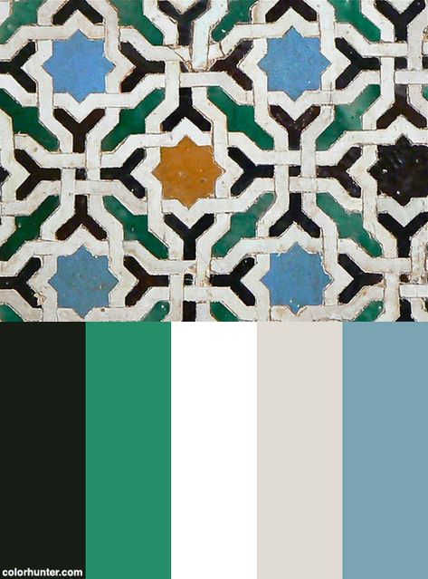 Alhambra Tiles 12 Color Scheme from colorhunter.com Islamic Colour Palette, Middle Eastern Color Palette, Arabic Color Palette, Islamic Color Palette, Alhambra Tiles, 12 Color Palette, Tile Color Palette, Arabic Colors, Islamic Interior Design