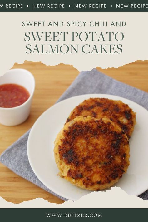 We added some sweet chili sauce into our salmon cakes. This easy, delicious nutritious recipe can be doubled and the extra salmon cakes can be frozen for planned leftovers in the future. The salmon cakes freeze well and can be reheated easily. #easy #healthy #makeahead #mealprep Sweet Potato Salmon, Harissa Salmon, Sweet And Spicy Chili, Potato Salmon, Sweet Potato Cakes, Salmon Fish Cakes, Salmon And Sweet Potato, Frozen Salmon, Sweet Potato Cake