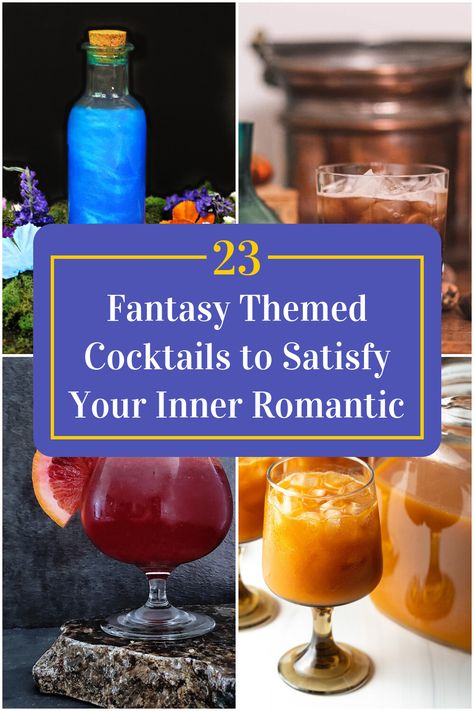 Collage of 4 fantasy themed cocktails. Fantasy Alcoholic Drinks, Dnd Alcoholic Drinks, D&d Cocktails, Ethereal Cocktails, Medieval Drinks, Dnd Mocktails, Nerdy Cocktails, Dnd Inspired Drinks, Lotr Inspired Drinks