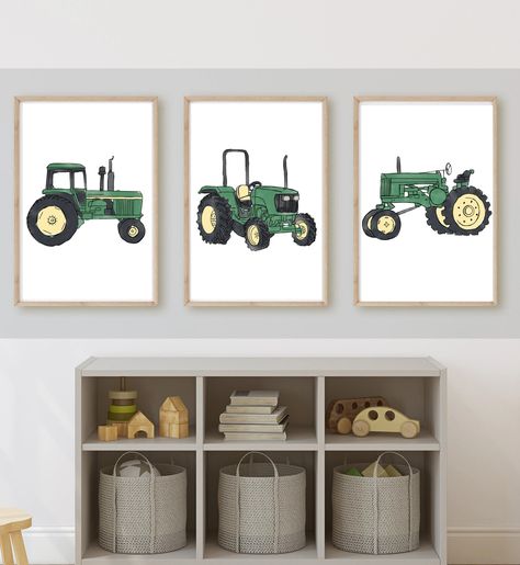 Toddler Tractor Bedroom, Tractor Room Decor Ideas, Vintage Tractor Bedroom, Tractor Boy Room, John Deere Room Ideas Kids, Tractor Wall Art, Little Boys Tractor Bedroom, Baby Boy Tractor Nursery, Farm Themed Bedroom Boys