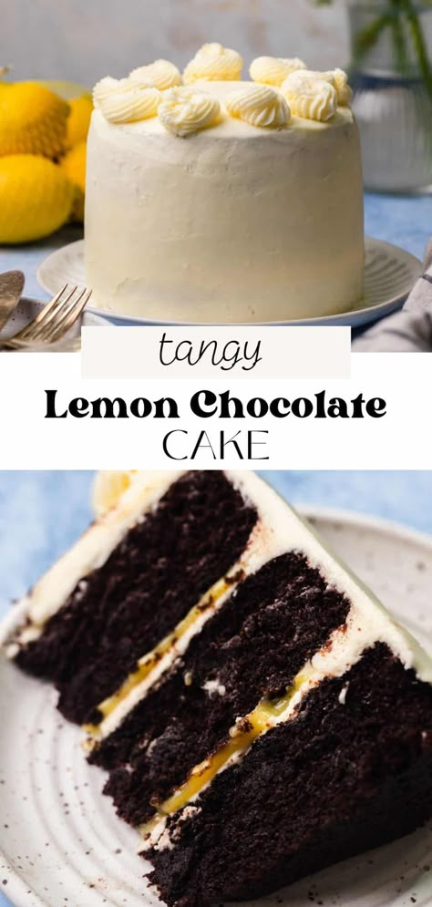 This lemon chocolate cake is a 6-inch cake with 3 layers of super soft, moist chocolate sponge. It's filled with tart lemon curd and frosted with tangy, silky smooth lemon Swiss meringue buttercream. This unique flavor combination is sure to impress all the chocolate and lemon lovers in your life! Yellow Cake With Chocolate Frosting Decorations, Lemon Chocolate Cake Recipe, Chocolate Lemon Cupcakes, Amazing Lemon Cake, Chocolate And Lemon Cake, Chocolate And Lemon Desserts, Lemon Cake Chocolate Frosting, Unique Chocolate Cake Flavors, Lemon Cake With Chocolate Frosting