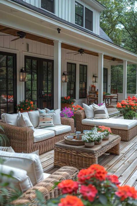 55 Farmhouse Patio Ideas for a Charming Look Farm Style Outdoor Patio, Farm Deck Ideas, Country Deck Ideas Farmhouse, Patio Furniture Farmhouse, Covered Back Patio Farmhouse, Farmhouse Patio Ideas, Farmhouse Outside, Farmhouse Backyard, Relaxing Patio