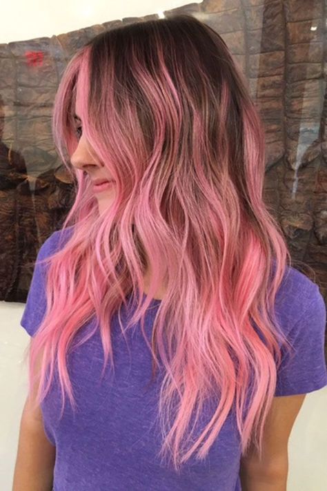 Fun Easy Hair Color Ideas, Dimensional Pink Balayage, Rooty Pink Hair, Hair Pop Of Color Ideas, Fun Ways To Color Hair, Money Piece Balayage Pink, Vivid Color Melt, Brunette With Colorful Highlights, Pink Hair On Pale Skin