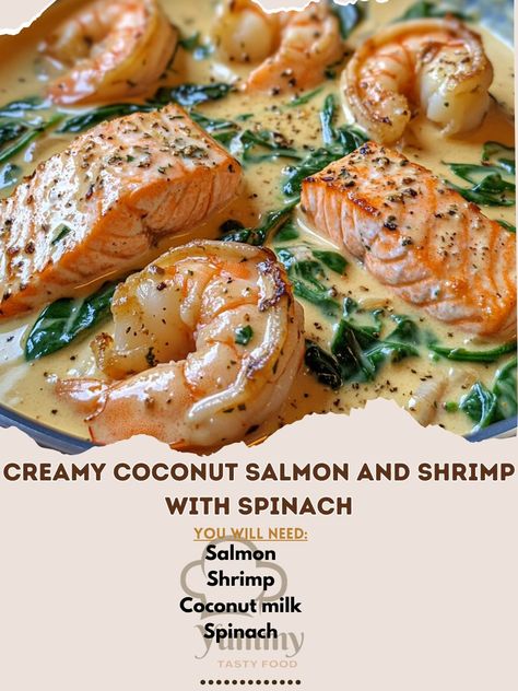 🥥🍣 Dive into the creamy delight of Creamy Coconut Salmon and Shrimp with Spinach—a dish that's rich, savory, and oh-so-satisfying! 🥥🍤 #CoconutSalmon #SeafoodDelights Creamy Coconut Salmon and Shrimp with Spinach Ingredients: Salmon (1 lb, cubed) Shrimp (1/2 lb, peeled and deveined) Coconut milk (1 can, 400 ml) Spinach (2 cups, fresh) Garlic (3 cloves, minced) Ginger (1 tbsp, minced) Olive oil (2 tbsp) Salt (to taste) Pepper (to taste) Instructions: Heat olive oil in a pan. Sauté garlic an... Coconut Salmon, Shrimp Cooking, Shrimp Coconut Milk, Salmon Spinach, Salmon And Shrimp, Company Ideas, Garlic And Ginger, Dishes To Make, Catering Company