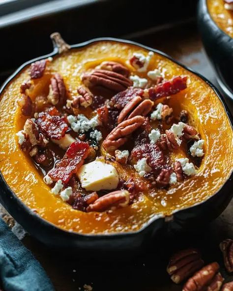 Maple Roasted Acorn Squash with Bacon, Pecans, and Feta - Miarecipes Maple Roasted Acorn Squash, Acorn Squash Roasted, Chicken Mushroom Soup, Lobster Cream Sauce, Roasted Acorn Squash, Autoimmune Recipes, Acorn Squash Recipes, Chicken Mushroom, Roasted Pecans