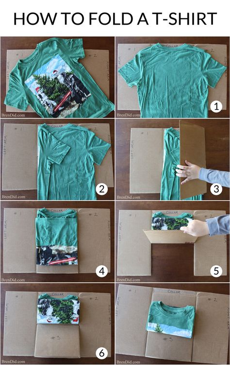 Make your own cardboard t-shirt folder and learn the best way to fold a t-shirt so your drawers can hold more clothes and you can easily find your favorite tee. Great for kids to help with laundry. T Shirt Folding, Folder Diy, Shirt Folding, Folding Laundry, Clothes Organization Diy, Upcycle Tshirt, How To Fold, Folding Clothes, Shirts For Teens