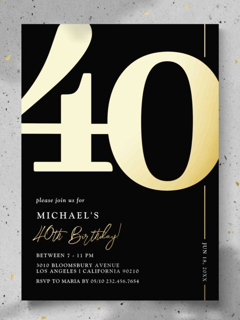 Elegant Forty 40th Birthday Party Foil Invitation Real foil black and gold 40th birthday party invitations featuring the number '40' in a large bold serif font, and a modern invite template that is easy to personalize! #fortybirthday #40thbirthday #elegant #birthday #happybirthday #birthdaycards #birthdayparty 40th Birthday Invite, Black Wedding Decorations, 40th Birthday Party Invites, Forty Birthday, 40th Birthday Invitations, Foil Invitations, Modern Invitation, 40th Birthday Parties, Pink Parties