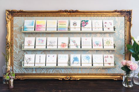 A pretty and practical way to display greeting cards for sale. Studio Visit With Artist Melissa Milakovic Greeting Card Display, Craft Market Display, Business Card Displays, Kelly Brown, Craft Fairs Booth, Postal Vintage, Craft Stalls, Craft Fair Displays, Craft Display