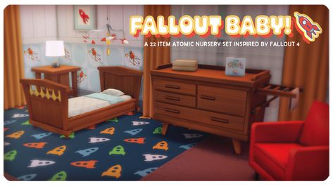 FALLOUT BABY! - A Pre-Atomic War Nursery Set | Surely-Sims on Patreon Sims 4 Furniture, Sims Home, Vault Dweller, Furniture Cc, Atomic Design, Sims 4 Mm Cc, Sims 4 Mm, Sims 4 Toddler, Fallout 4