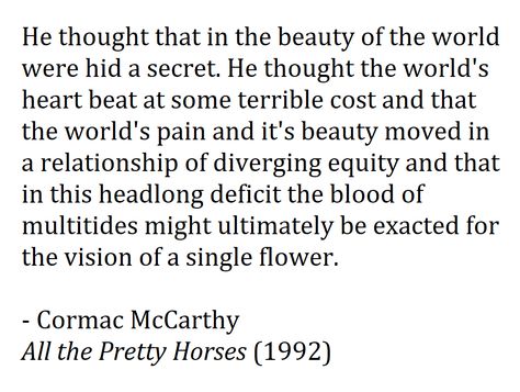 All The Pretty Horses Cormac Mccarthy, Cormac Mccarthy Quotes, Cormac Mccarthy, Beauty Of The World, Writing Style, Miyamoto Musashi, Blog Layout, Author Quotes, All The Pretty Horses