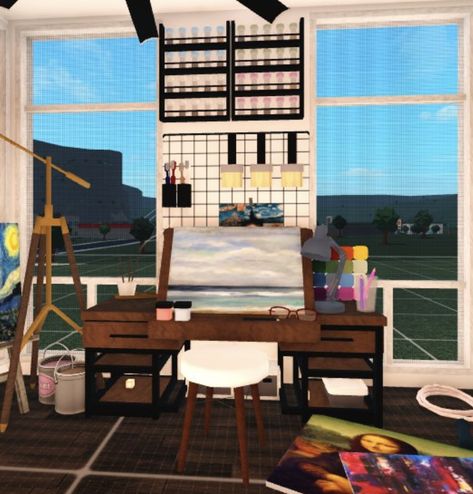 Secret Room Ideas In Bloxburg, Art Room Bloxburg Ideas, Bloxburg Art Studio Ideas, Bloxburg Music Room Ideas, Bloxburg Art Classroom, Bloxburg Town House Interior, Secret Room Bloxburg, Pool Table Bloxburg, Bloxburg Mood Stations