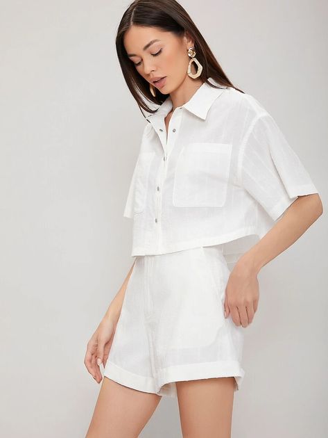 Shein Sets Women, Linen Shorts Set, One Set Outfit, Linen Shirt Outfit, Boxy Blouse, Linen Shorts Women, Color Combos Outfit, Tailored Clothes, White Linen Shirt