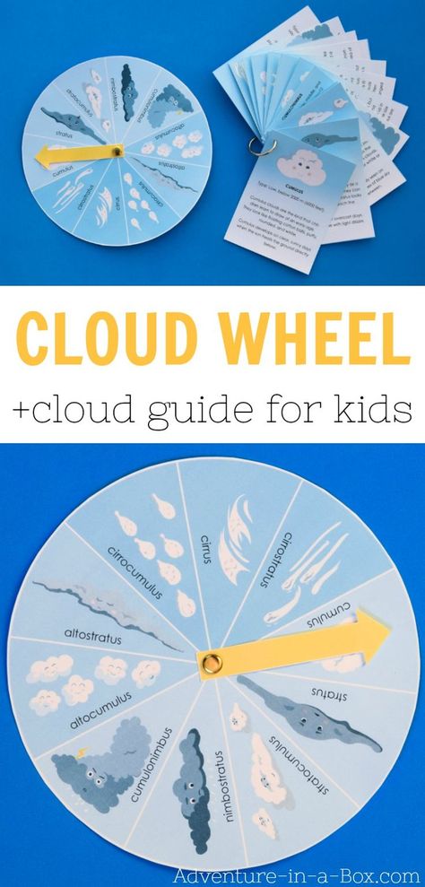 This cloud wheel with a cloud identification guide will help children to observe weather and learn to identify ten of the most common types of clouds. Make the science of weather observation a part of your daily routine with kids! #weatherstudy #printable #STEAM #STEM #stemprintable #teaching #homeschool Clouds For Kids, Weather For Kids, Types Of Clouds, Cloud Activities, Weather Activities For Kids, Teaching Weather, Weather Projects, Weather Science, Science Activities For Kids