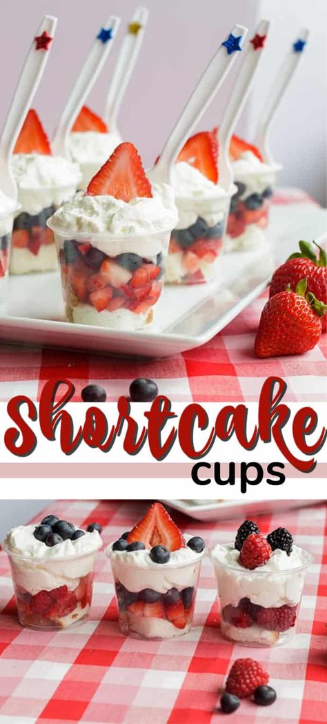 Mini Shortcake Cups are perfect for Memorial Day, 4th of July or just any time. These adorable little fruit and cake cups are just the right size. #july4threcipes #july4thdesserts #patrioticrecipes #patrioticdesserts #fruitcups #shortcake #memorialdayrecipes #memorialdaydesserts #freshruitrecipes #fruitrecipes #summerrecipes #amandascookin Shortcake Cups, Memorial Day Food, Blueberry Shortcake, Memorial Day Desserts, 4th July Food, Memorial Day Foods, Mini Dessert Cups, Cake Cups, 4th Of July Food