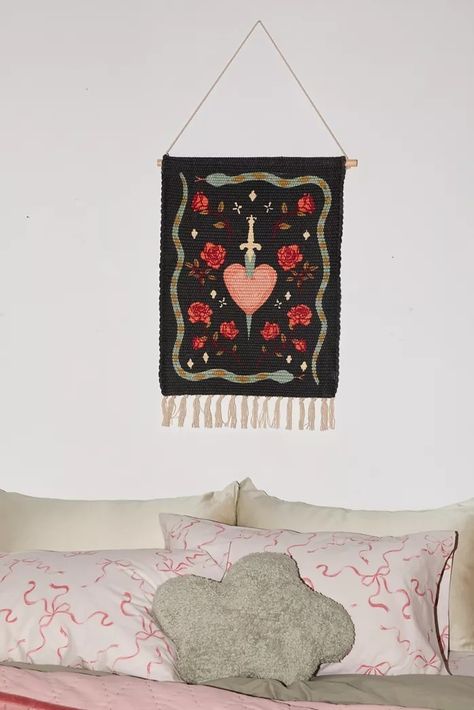 Honk Shoo, Black Wall Hanging, Furniture Apartment, Small Tapestry, Uo Home, Woven Tapestry, Heart Motif, Rose Wall, Apartment Furniture