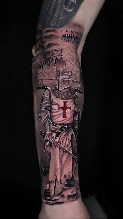 English Tattoo For Men, Crusades Tattoo, Crusader Tattoo Sleeve, German Tattoo For Men, St George Tattoo, Italian Tattoos For Men, Knights Templar Tattoo, Templar Tattoo, Templar Knight Tattoo