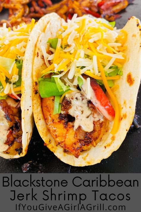 shrimp taco on the griddle Jerk Shrimp Tacos, Cheap Meals For 2, Jerk Shrimp, Corn Taco, Blackstone Recipes, Taco Dinner, Easy Grilling Recipes, Griddle Recipes, Griddle Cooking