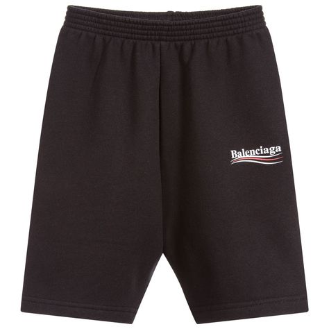 Black Bermuda length shorts by luxury brand Balenciaga, with the iconic 'Political Campaign' logo print on one leg. They are made in mid-weight cotton jersey with a super soft fleecy feel inside. Potter Wallpaper, Men Logo, Toms Shoes Outlet, Black Shorts Men, Campaign Logo, Celebrity Fashion Trends, Kids Designer Clothes, Balenciaga Black, Dubai Fashion